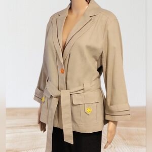 Vintage Linen/Cotton Belted Bell-sleeve Jacket / Sz 12 / Light Olive-Khaki color